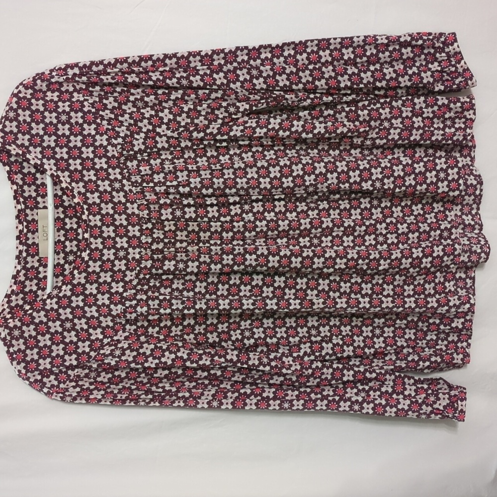 LOFT | Plum and Coral on White Pullover Peasant Blouse Long Sleeve | M